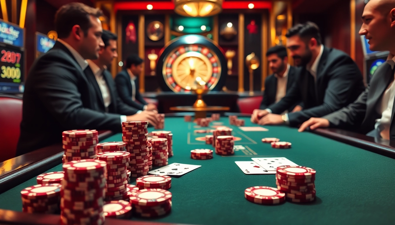 Man club members enjoy strategic poker at a professional casino table with vibrant game elements.