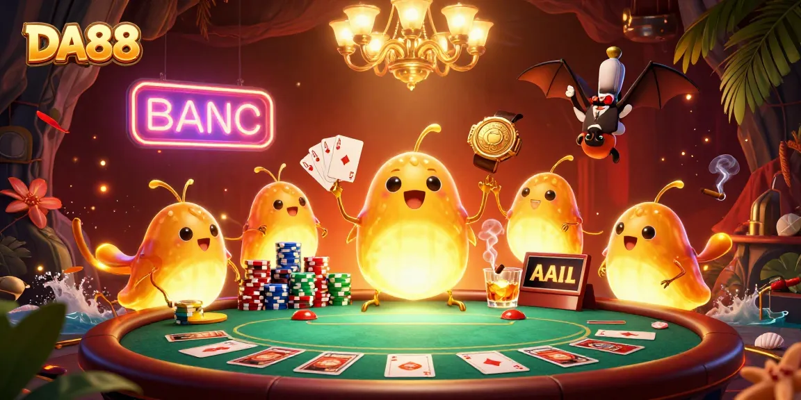 Experience the vibrant glow of DA88 as glowworms light up a casino scene with a bat dealer and poker elements.