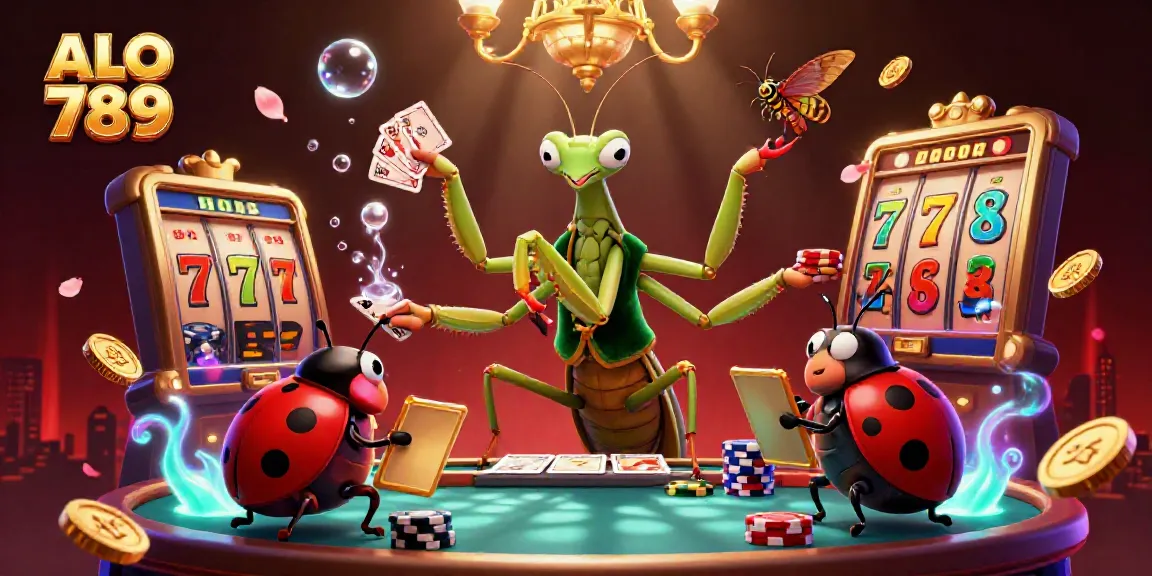 Experience ALO 789's thrilling casino action with a vibrant 3D villain dealing cards, surrounded by jackpots and festive decorations.