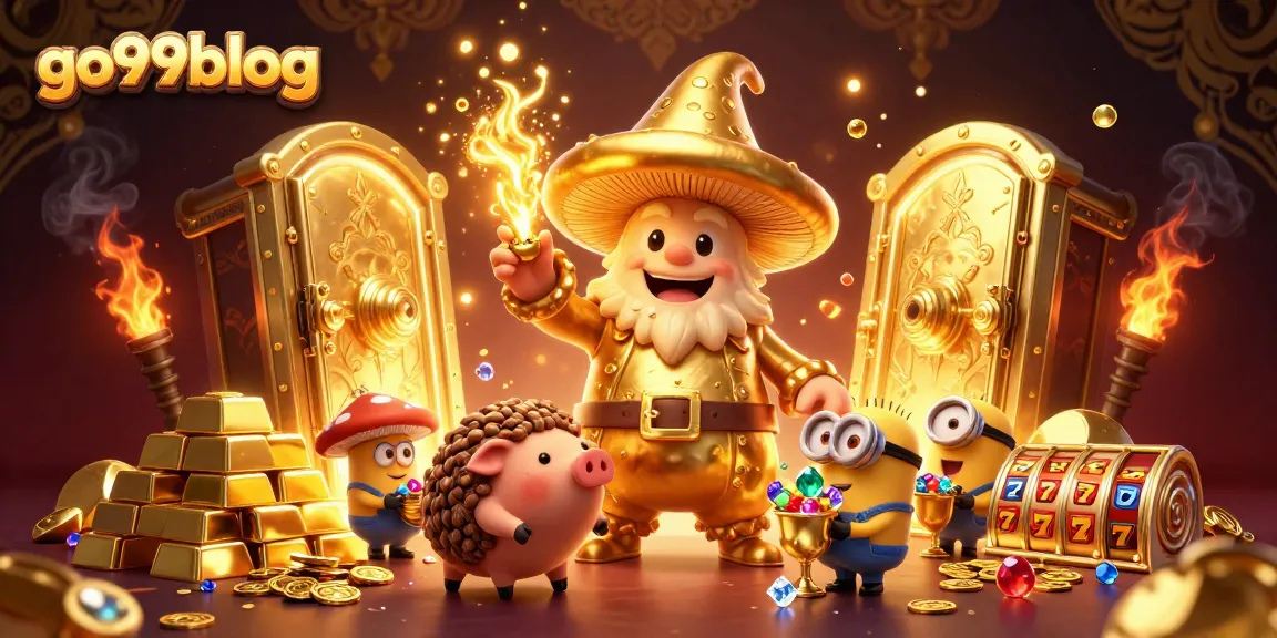 Spin the reels at go99blog with a wizard and a treasure-hunting pig in a vibrant casino scene.