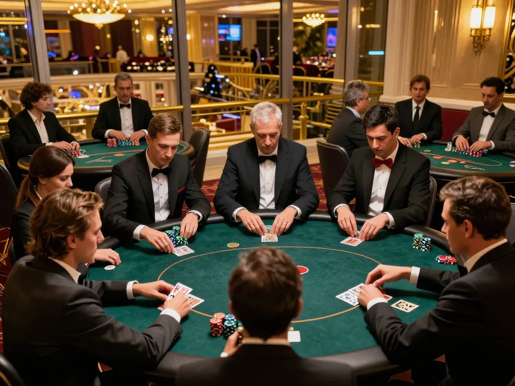 9BET players engaged in high-stakes poker game with chips and cards visible, demonstrating strategic gameplay.