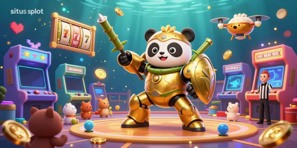 Experience thrilling gameplay at situs slot with vibrant slot reels and golden panda characters.