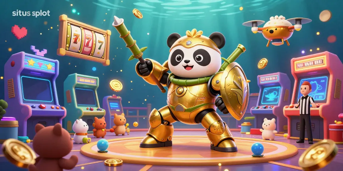 Experience thrilling gameplay at situs slot with vibrant slot reels and golden panda characters.