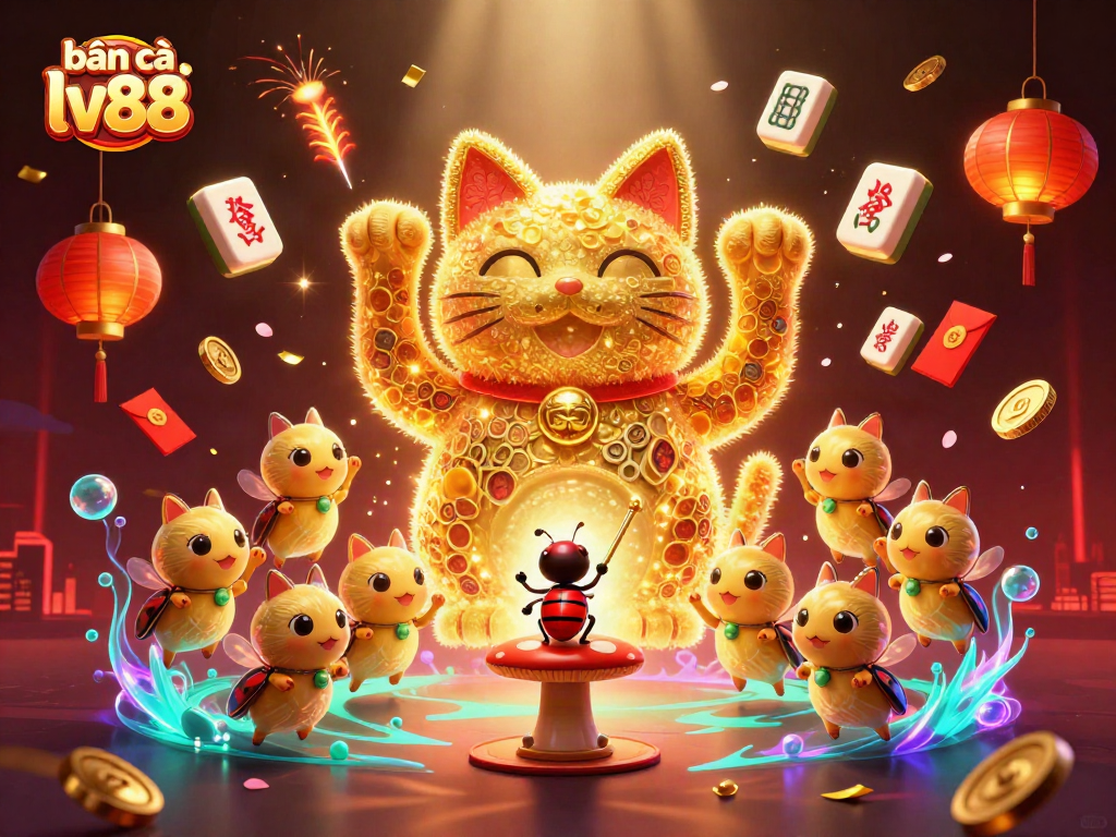 Bắn cá lv88 gameplay highlights featuring a dynamic illustration of a lucky cat, fireflies, and casino symbols