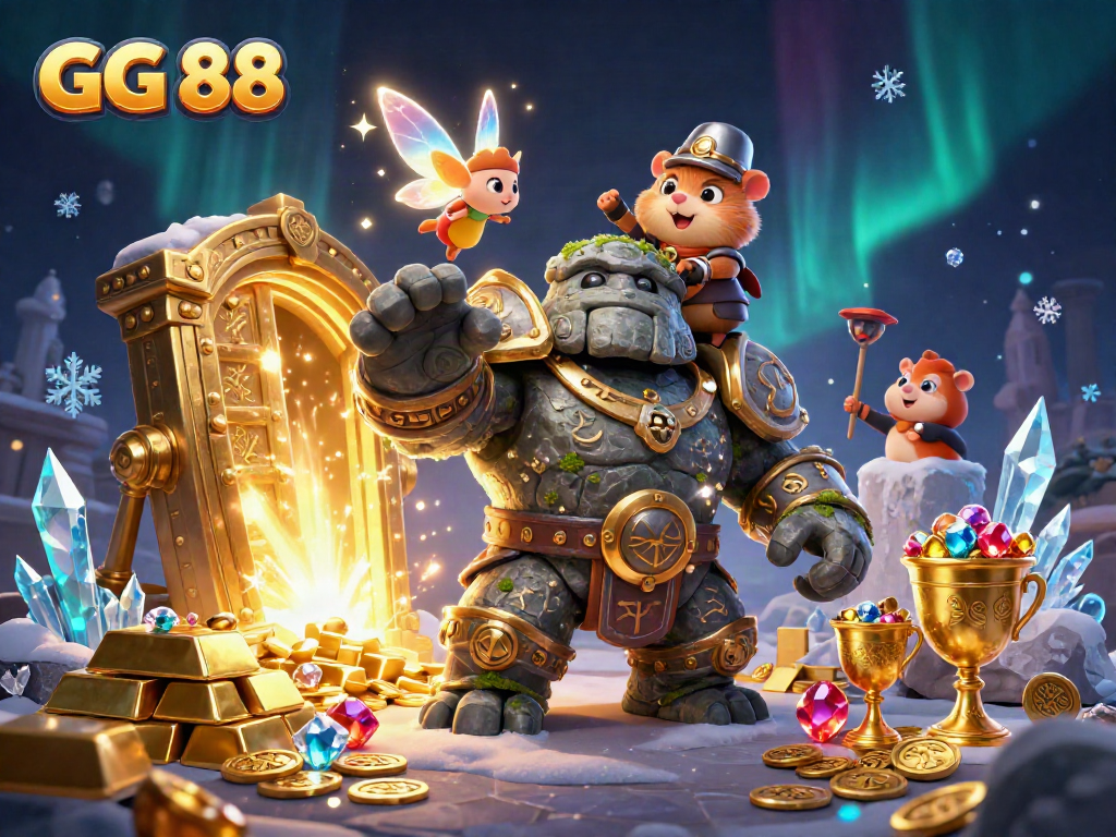 Experience the magical gaming universe of GG 88 with a stone guardian and sparkling treasures.