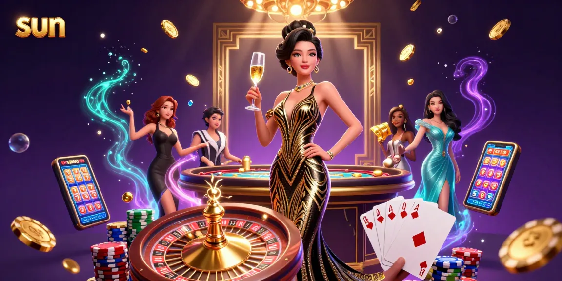 Win with sun-themed gambling excitement in a glamorous casino illustration.