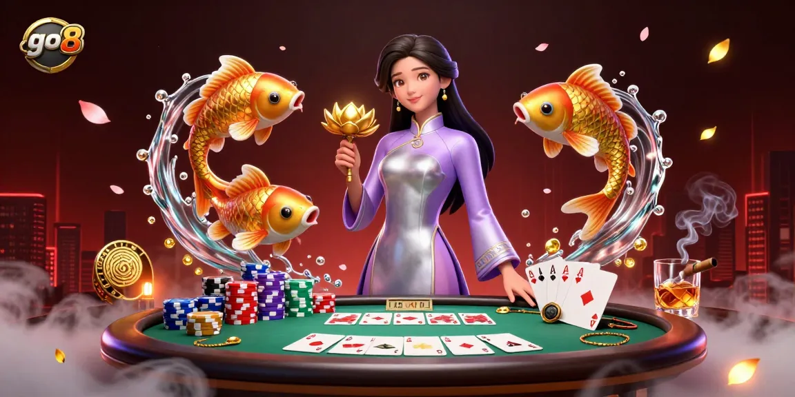 Experience thrilling online gaming with go8, featuring a glamorous Asian woman, poker elements, and vibrant decorations.