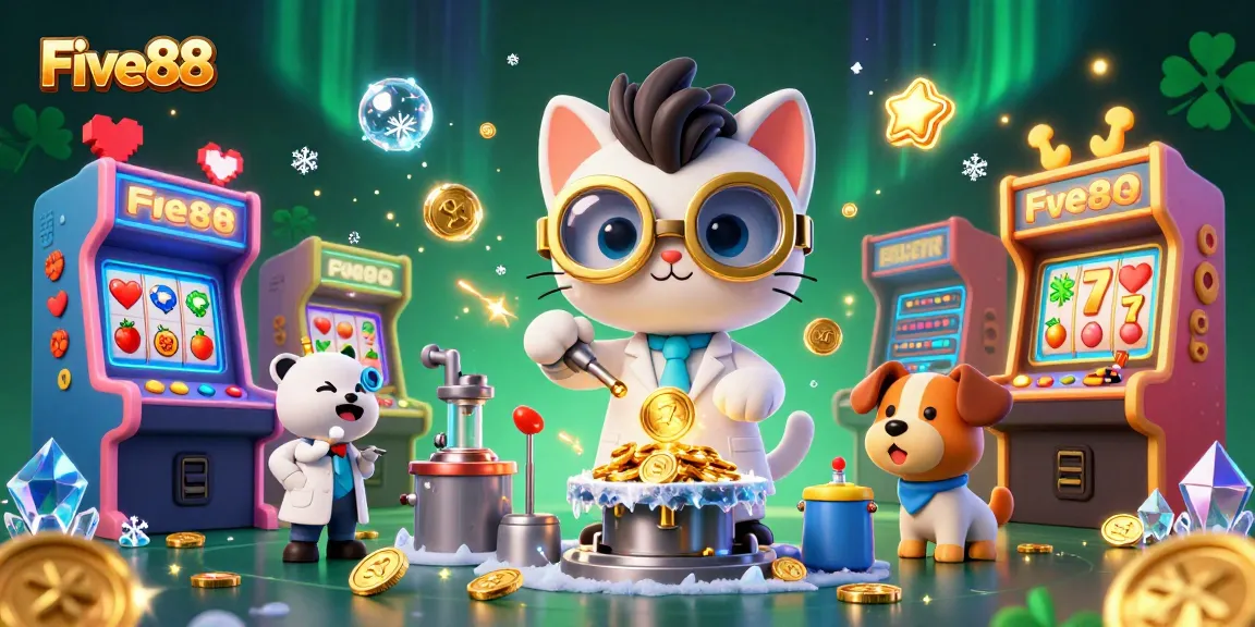 Five88 showcases a vibrant casino scene with a playful mad scientist cat and dog creating gold coins.