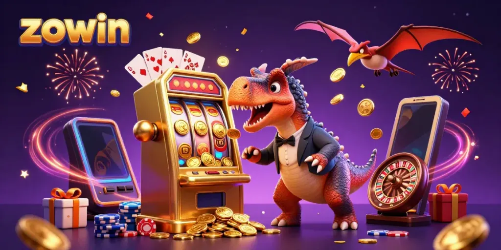 Zowin's vibrant gaming scene featuring cartoon dinosaurs celebrating a jackpot win at a golden slot machine.