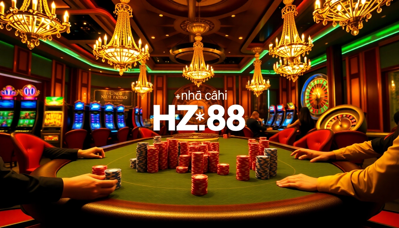 Exciting gameplay at nhà cái HZ88's premium casino with poker chips and slot machines.