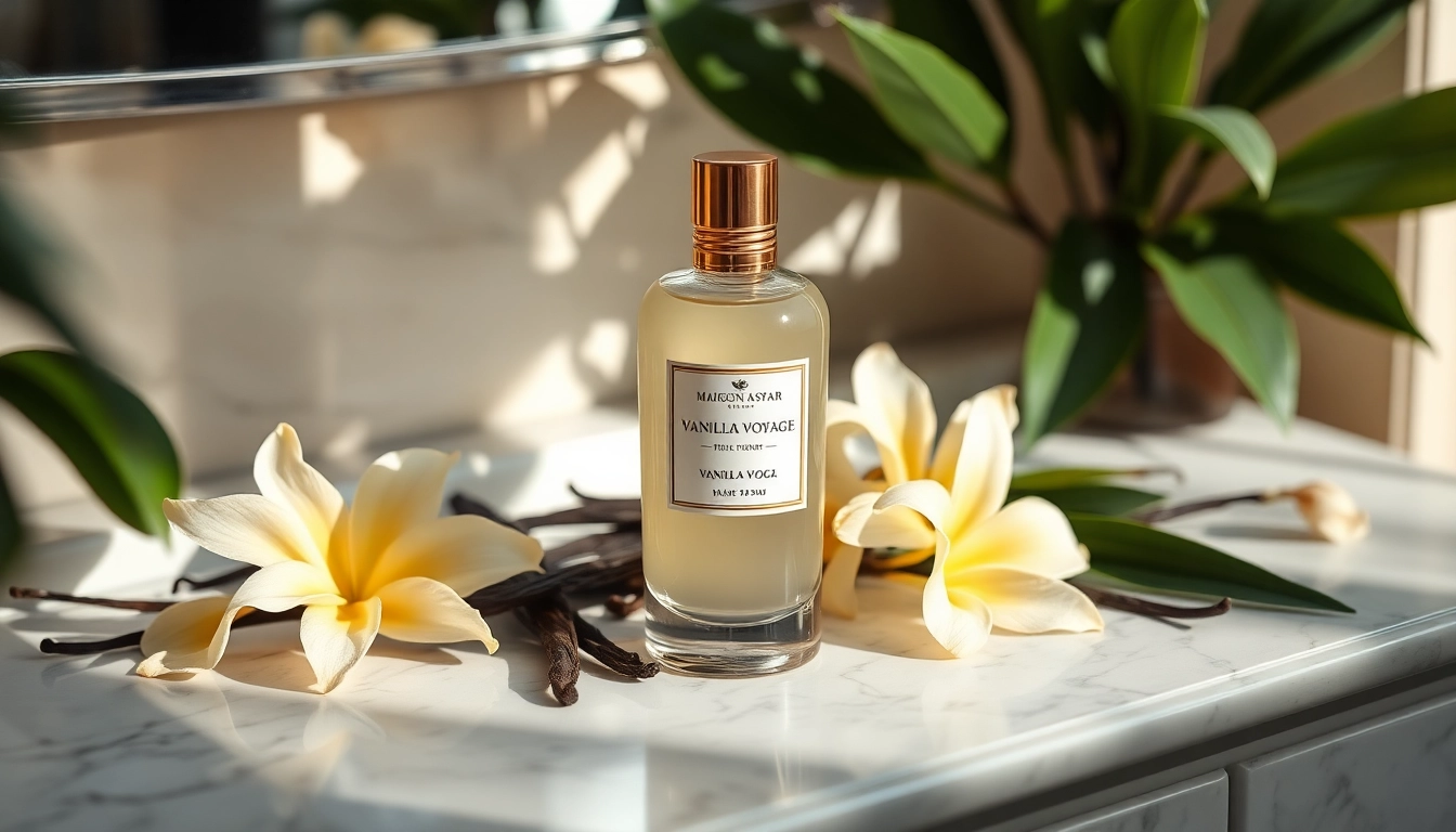 Proef de luxe van Vanilla Voyage by Maison Asrar met een elegante fles in een serene omgeving.