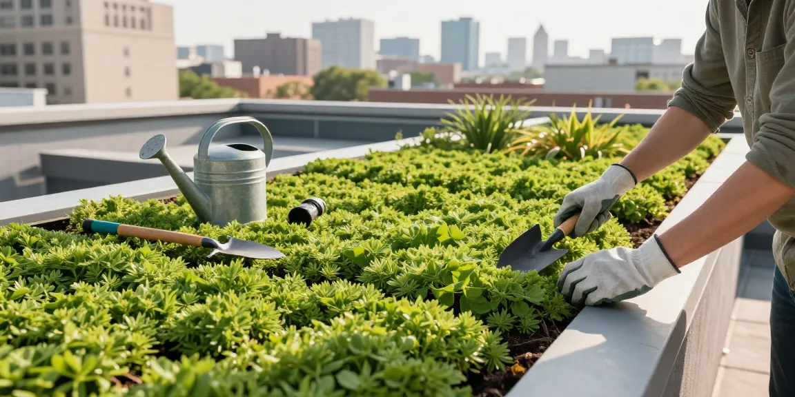 Het verbeteren van dakbedekking sedum op een dakterras, huiseigenaar die werkt in een levendige stedelijke tuin.