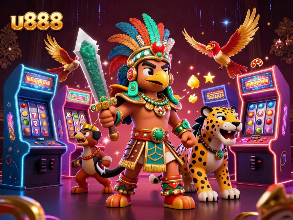 Experience the excitement of u888 with colorful arcade elements, warriors, and jackpots in 3D.