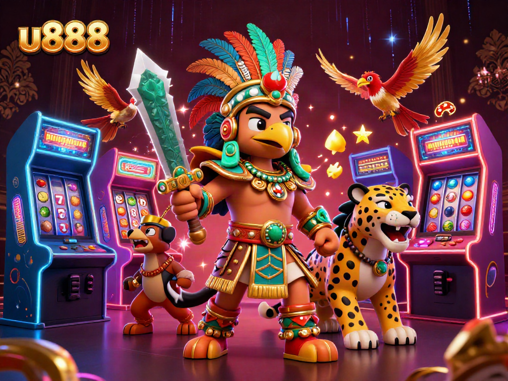 Experience the excitement of u888 with colorful arcade elements, warriors, and jackpots in 3D.