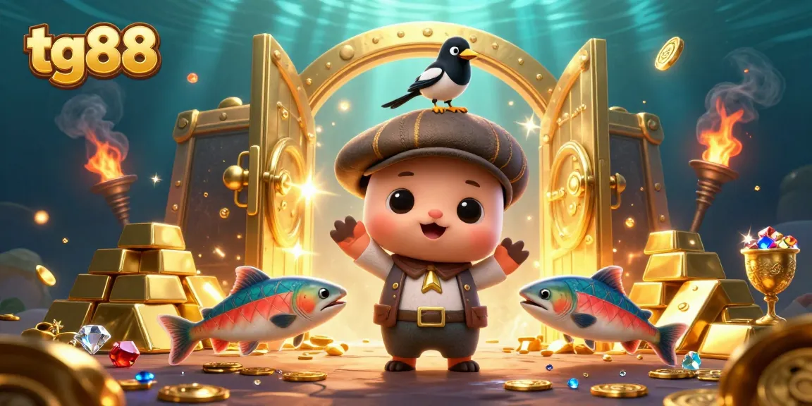 Join the excitement at tg88 with playful characters celebrating casino wins amid sparkling gold treasures.