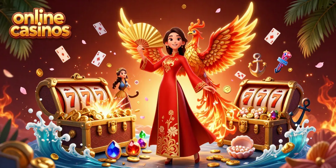 Engage with online casinos featuring a vibrant scene of a semi-realistic woman and a phoenix amidst gold coins and slots.