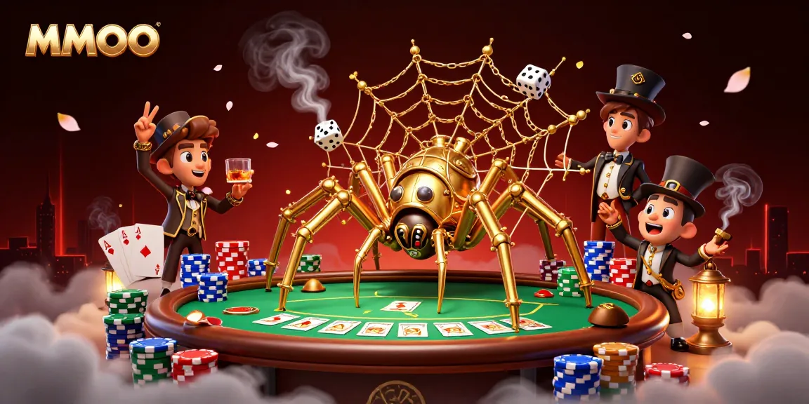Experience the thrill of MMOO with a steampunk spider and poker elements in a lavish casino scene.