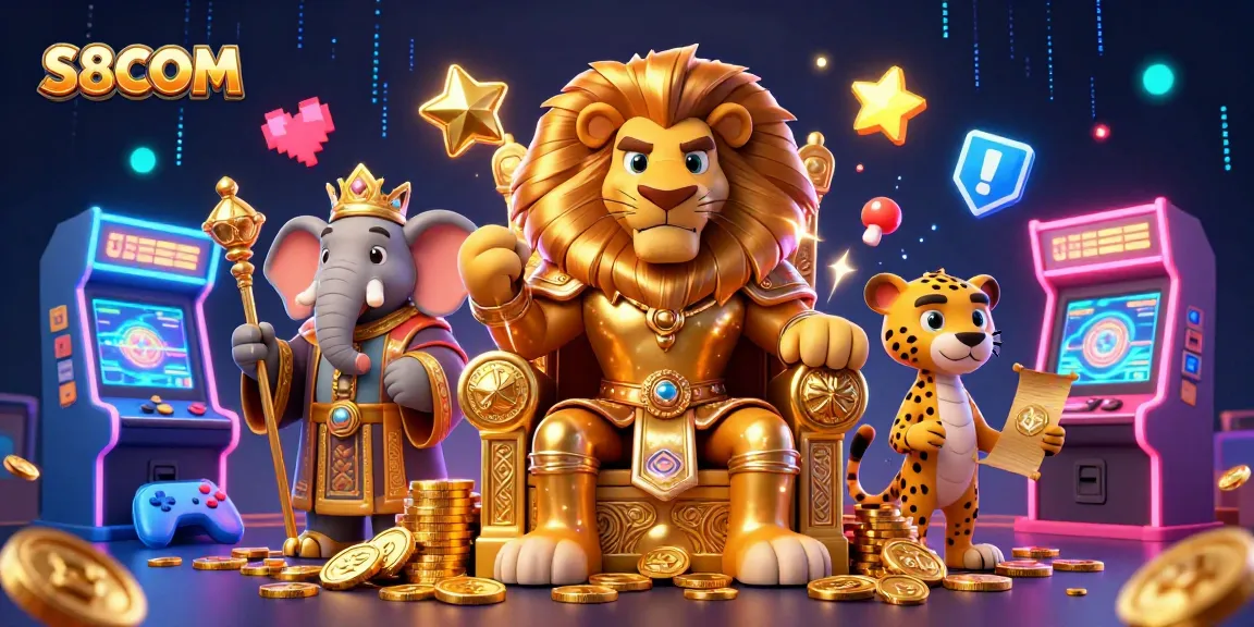 Experience epic gaming adventures with S8COM's vibrant 3D casino illustration featuring a lion king and fun elements.