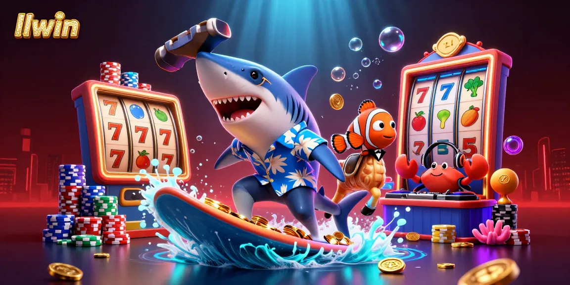 Experience llwin's dynamic gameplay with vivid icons, characters, and slot elements in a vibrant 3D setting.