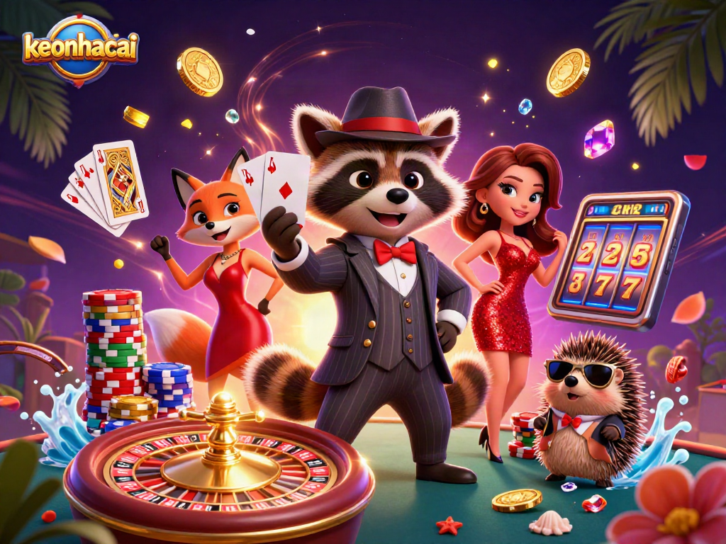Experience keonhacai with a dynamic scene of cartoon characters enjoying a casino adventure.