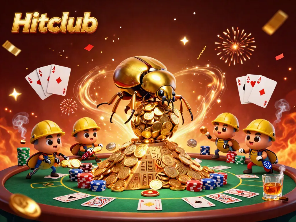 Engage with Hitclub's vibrant casino world, showcasing a golden beetle, poker table, and sparkling coins.