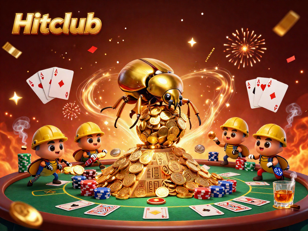 Engage with Hitclub's vibrant casino world, showcasing a golden beetle, poker table, and sparkling coins.