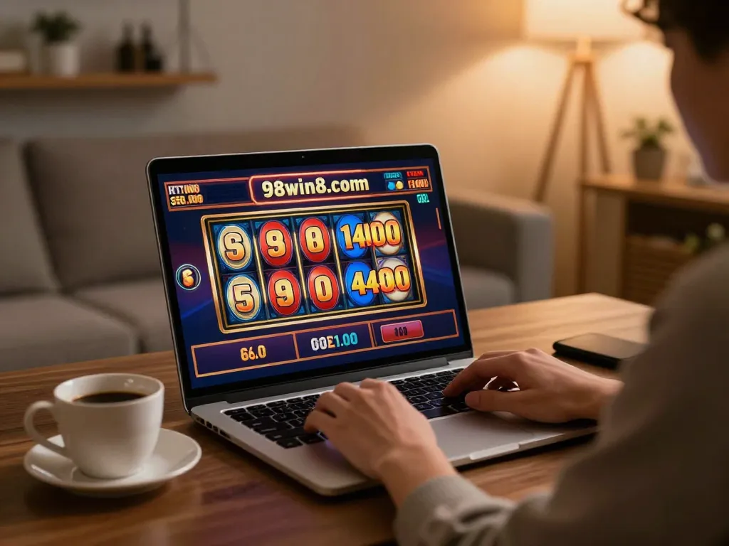 Engaging online gambling experience on https://98win8.co.com/ showcasing a player enjoying slot machines at home.