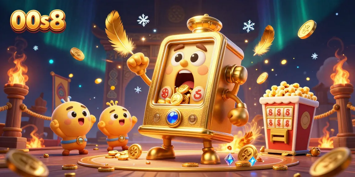 Experience thrilling gameplay at 00s8 with a golden slot machine hitting the jackpot surrounded by cheering baby slots and coins.