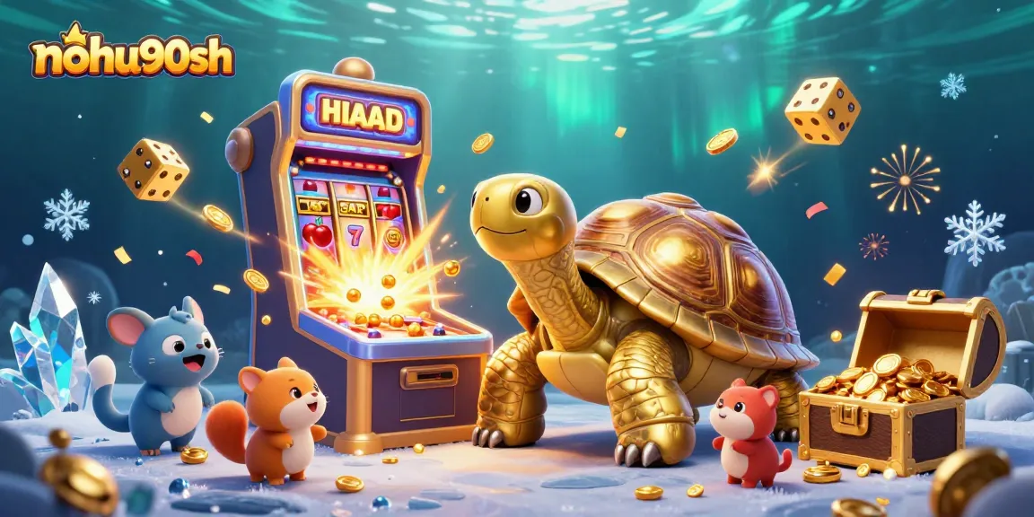 Nohu90sh offers exciting gameplay with a golden tortoise pinball and slot machine bursting with coins.