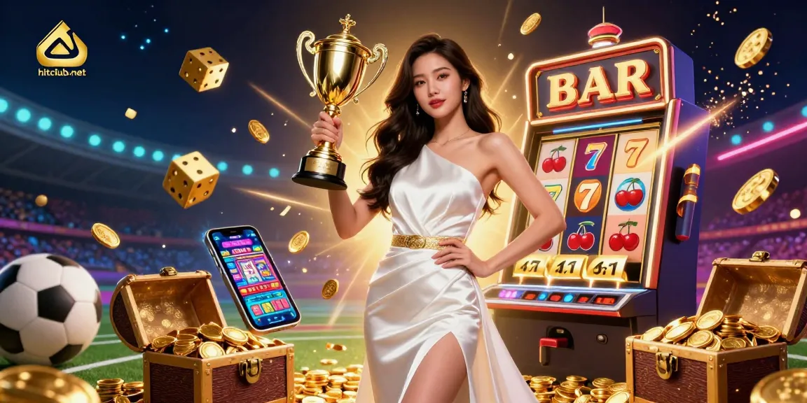 A stunning Asian woman victorious at hitclub-net, celebrating her gaming success with gold trophy and jackpot coins.