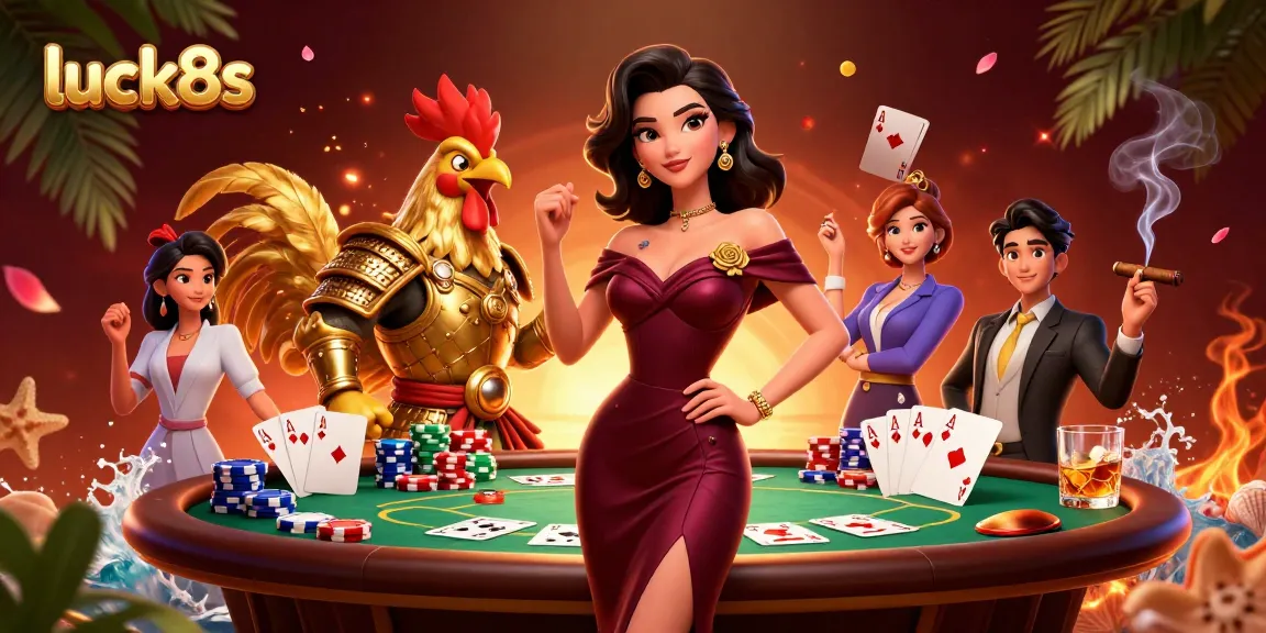 Engage with luck8s for an exciting online casino experience featuring glamorous characters, poker tables, and vibrant elements.