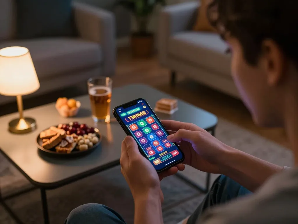 TWIN68 player engaging in thrilling mobile gaming, showcasing colorful interface and cozy home setup.