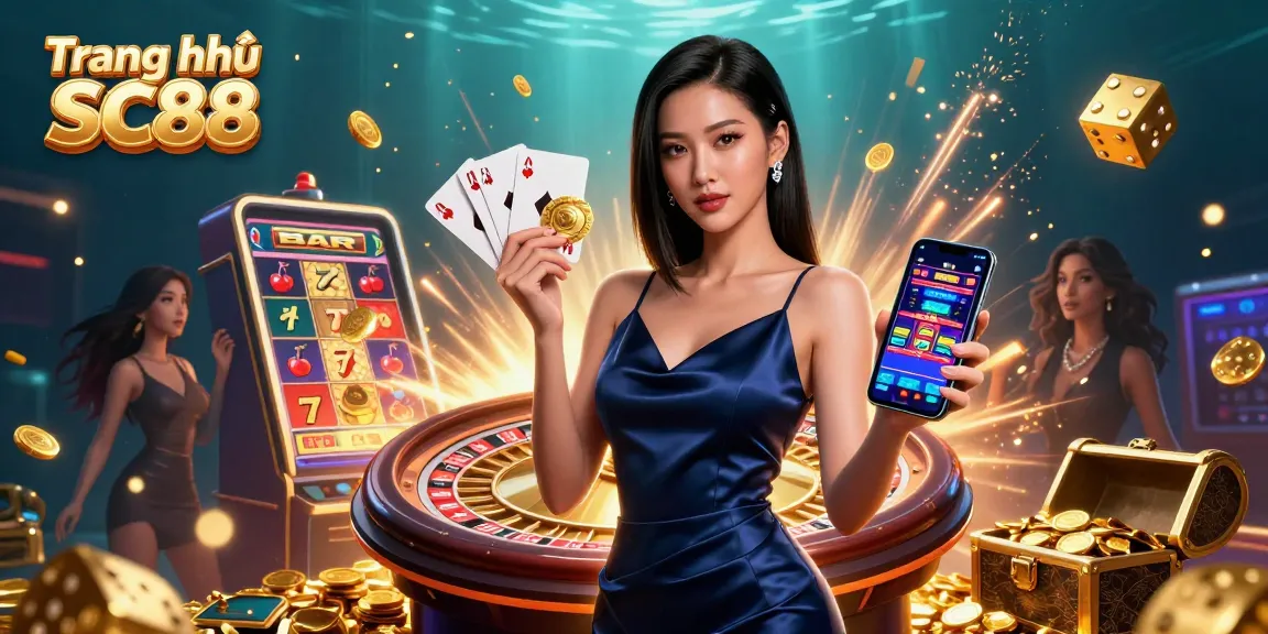 Engage with Trang chủ SC88's top-tier casino experience, featuring a stunning Asian woman and vibrant gaming elements.