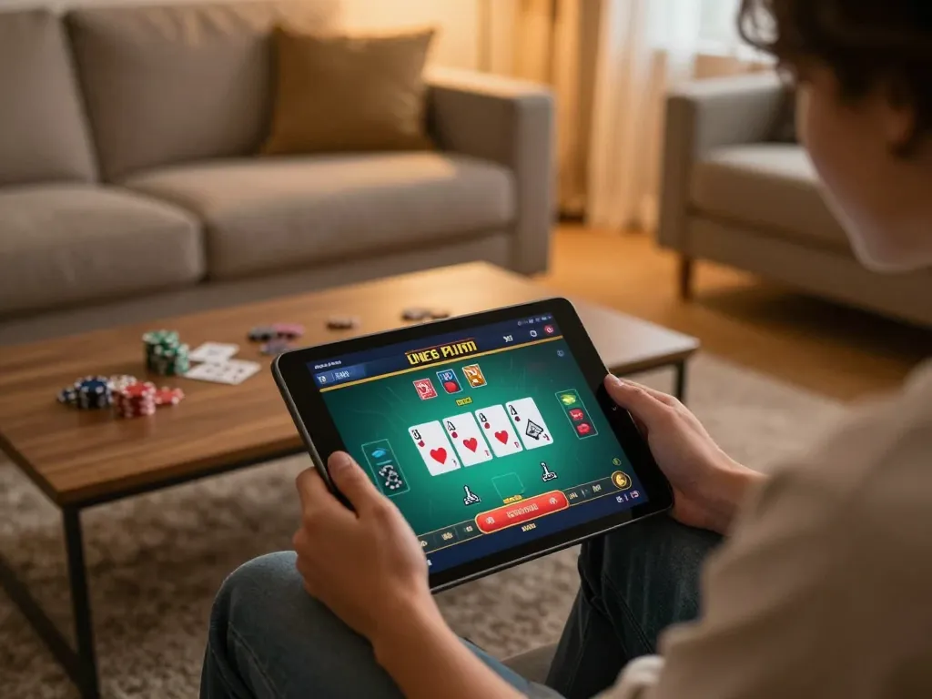 LLwin user enjoying strategic poker gameplay on a tablet in inviting home setting