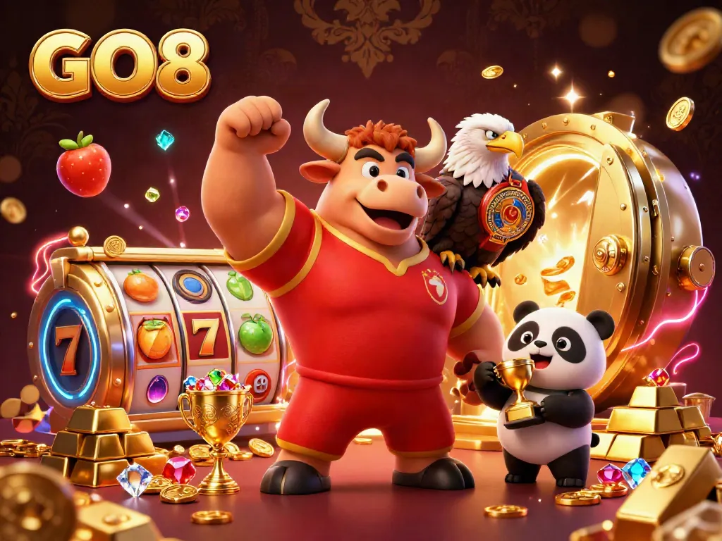 Experience thrilling games at GO8 casino with our vibrant 3D mascot scene filled with jackpots and treasures.