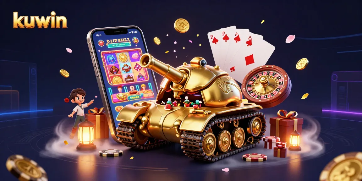 Kuwin casino-themed illustration showcasing a golden beetle tank with slot games, confetti, and rich casino visuals.