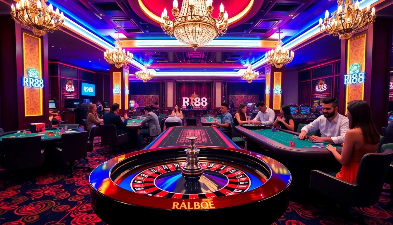 Exciting gaming scene at RR88 casino featuring roulette and poker tables filled with players.