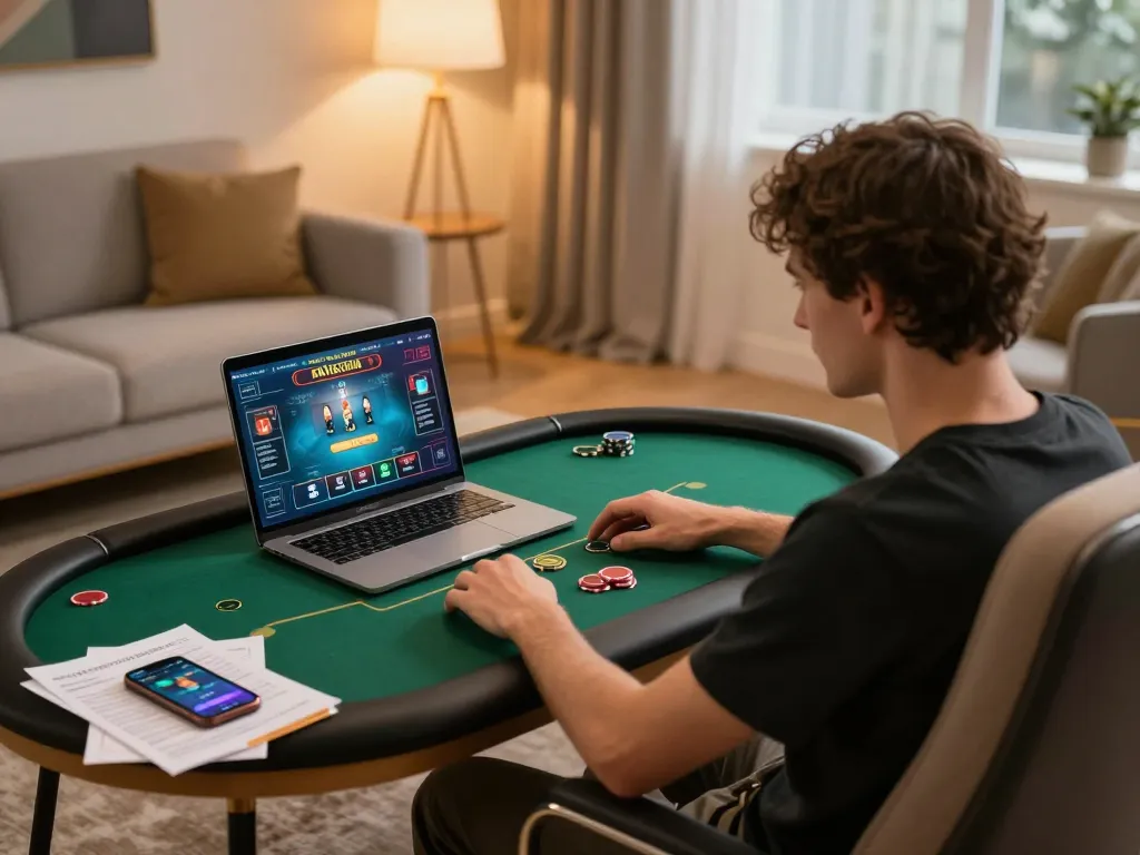 Engaging in online poker at home with o8 gaming interface on laptop, creating a modern and strategic atmosphere.