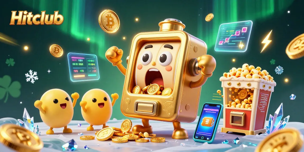 Spin the reels and win big at Hitclub with vibrant slot machines and crypto coins flashing.