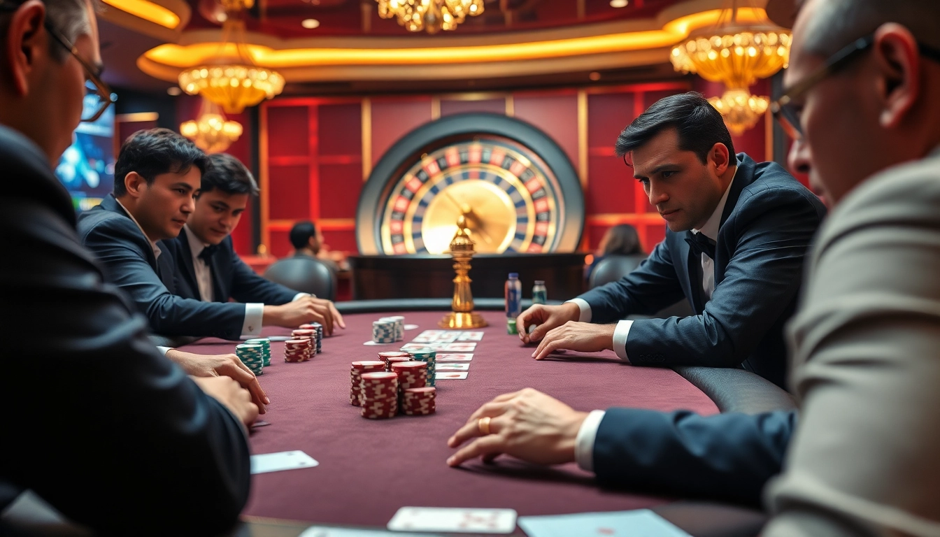 Exciting casino atmosphere with players at a poker table, showcasing 7m tỷ lệ betting dynamics.