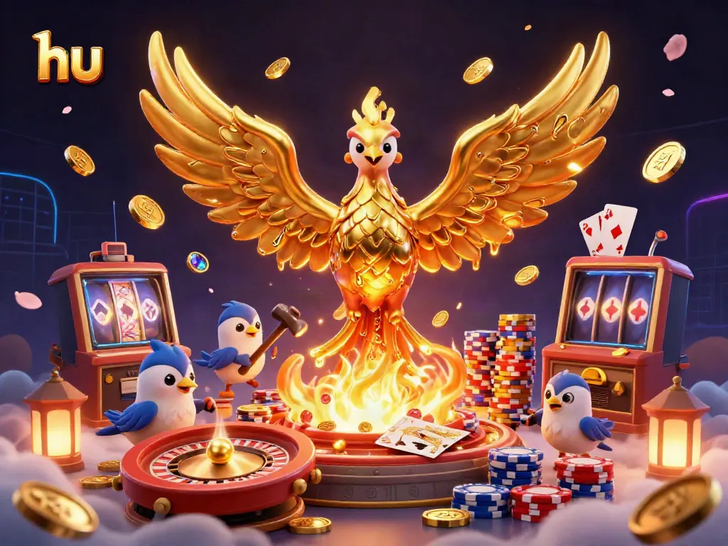 Experience thrilling gameplay with hu as a golden phoenix and animated casino elements capture excitement.