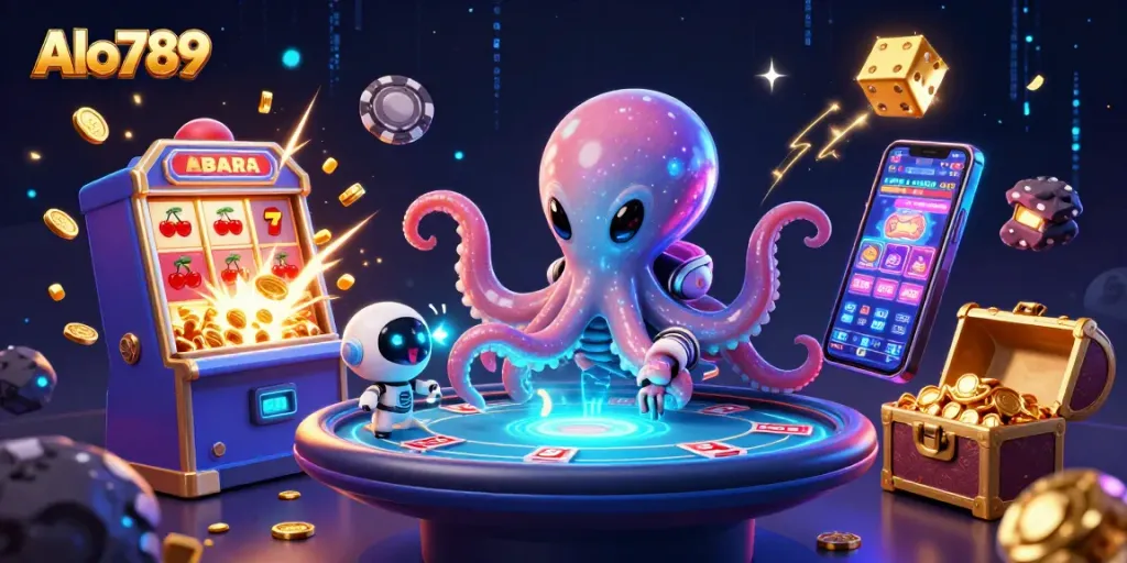 Alo789 presents an alien octopus enthusiastically managing a neon-lit poker game amidst a cosmic casino backdrop.