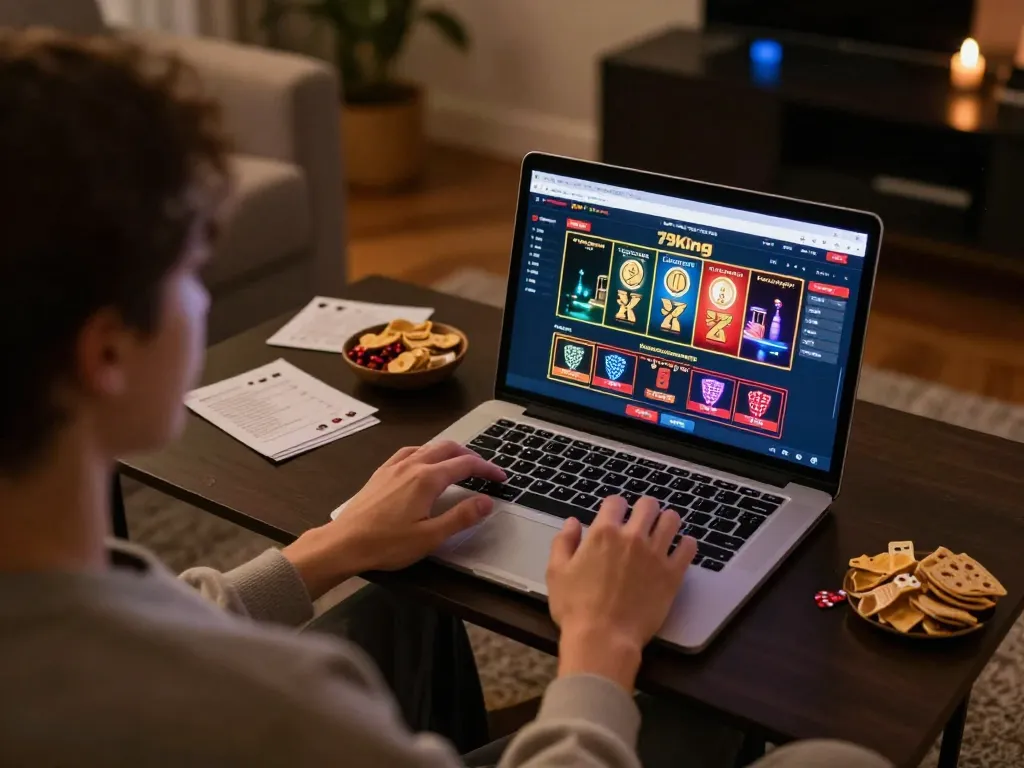 Playing poker online at 79king with an engaging user interface in a cozy home setup.