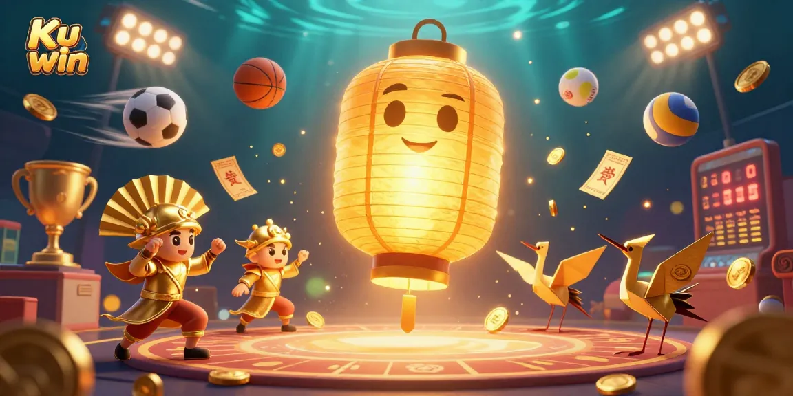 Engage with Ku win's vibrant gaming scene featuring glowing lanterns and dynamic sports action.