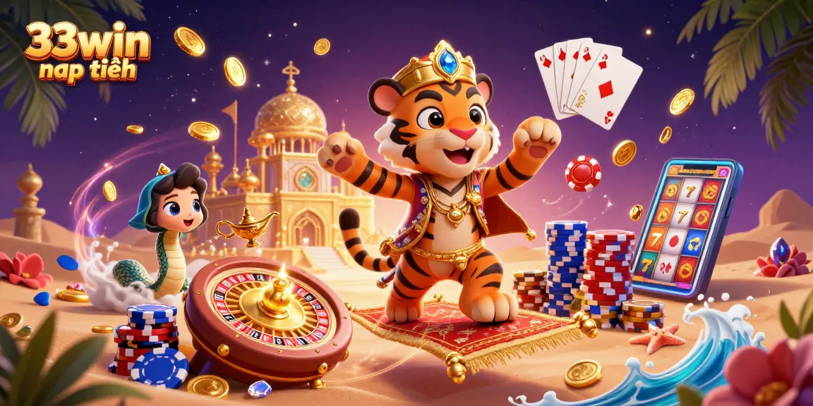 Experience thrilling gaming with 33win nạp tiền, surrounded by vibrant casino elements and characters.