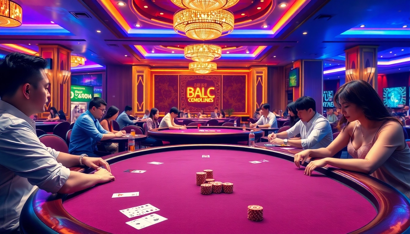 Excited players enjoying game bài at a luxurious casino table with vibrant poker chips