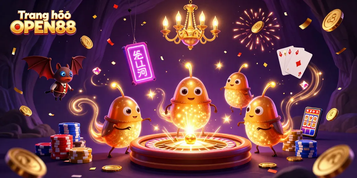 Experience the vibrant Trang chủ OPEN88 with dynamic glowworms lighting up a lively casino scene.