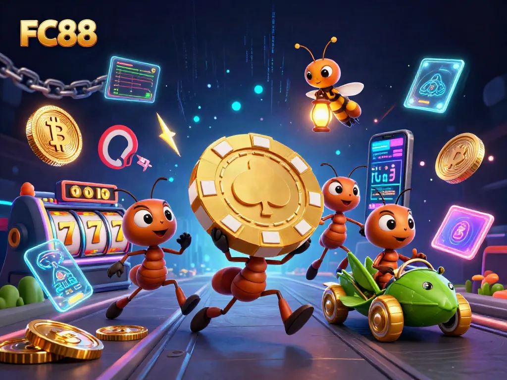 Experience FC88's thrilling casino scene with ants on a heist, surrounded by vibrant slot game elements.