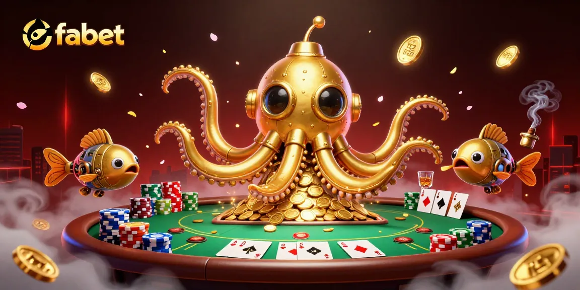 Engage with fabet's vibrant gaming world featuring a kraken submarine amidst gold coins and poker elements.
