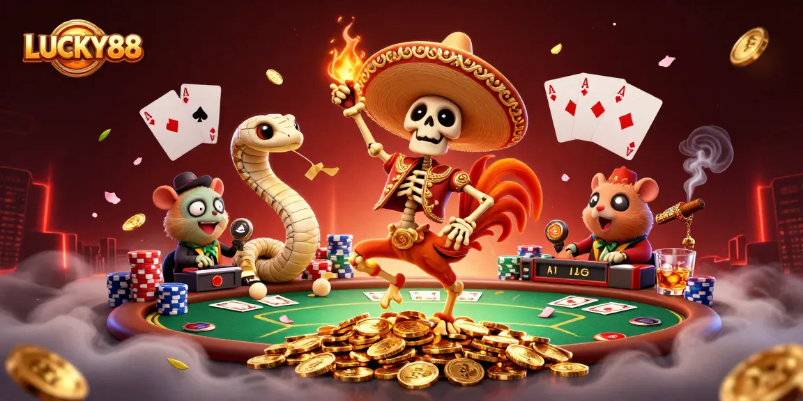 LUCKY88 celebrates winning with a lively 3D casino scene including poker elements and vibrant characters.